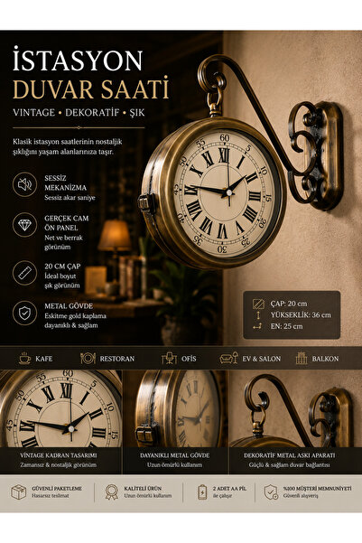 KOLAYEV Dekoratif Eskitme İstasyon Saati Çift Taraflı Vintage Metal Duvar Saati