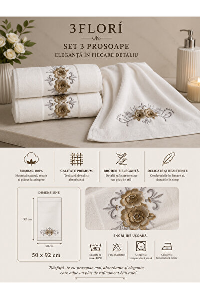 OEM Set of 3 bath towels, WHITE, 100% Cotton , size 50 x 92cm, floral embroid...