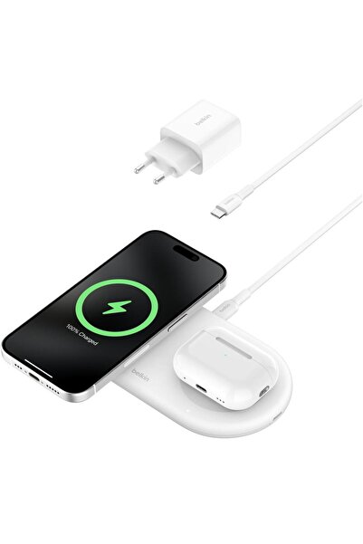 Belkin BOOSTCHARGE PRO Suport de încărcare wireless magnetic 2-în-1 Qi2 15W, Alb