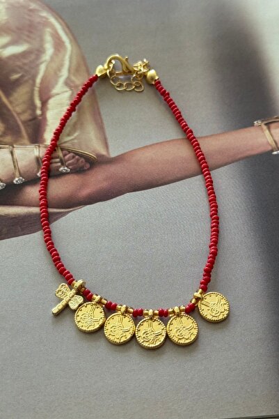 Trendy Butik Red Beaded Tuğra Detailed Anklet