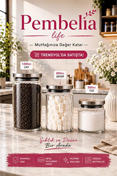 Pembelia Life 3’lü Metal Paslanmaz Vakum Kapaklı Cam Çay Şeker Tuz Saklama Ka...