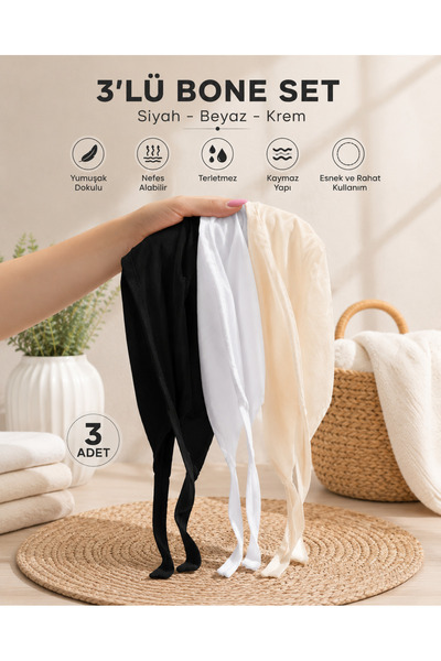 SUDELA [İstediğiniz Rengi Seçin] Premium Penye Kaymaz İç Bone 3’lü Set Siyah-...