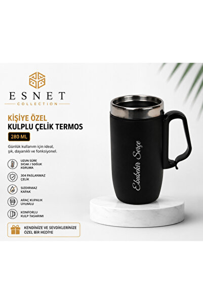 EsnetCollection Kişiye Özel İsim Yazılı Çelik Termos Kupa Bardak 280 ML – Siy...