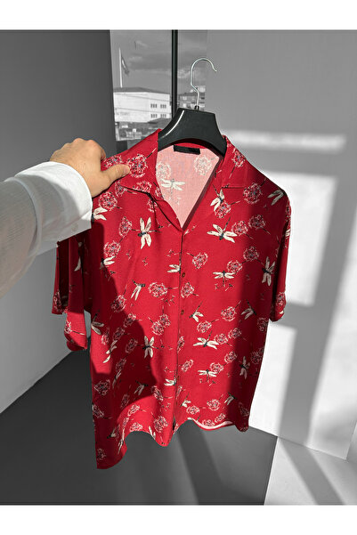 NO1 KONSEPT Red Dragonfly Patterned Summer Efil Efil Alaçatı Shirt