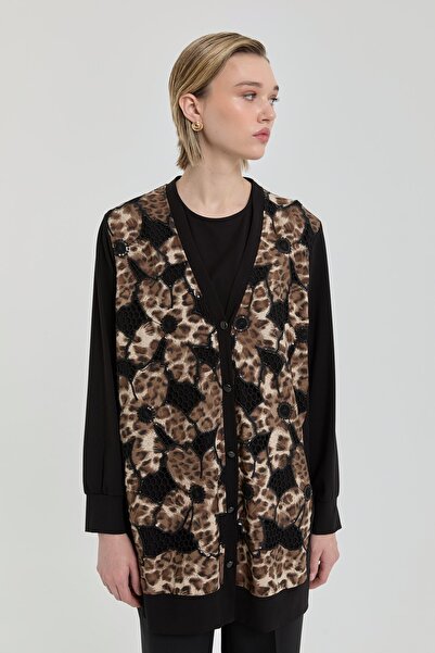 Nihan Comfortable Fit Leopard Detailed Rayon Cardigan - Black