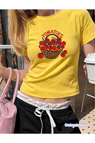 Minga London Domatoes Printed Yellow Color Belted Crop Top