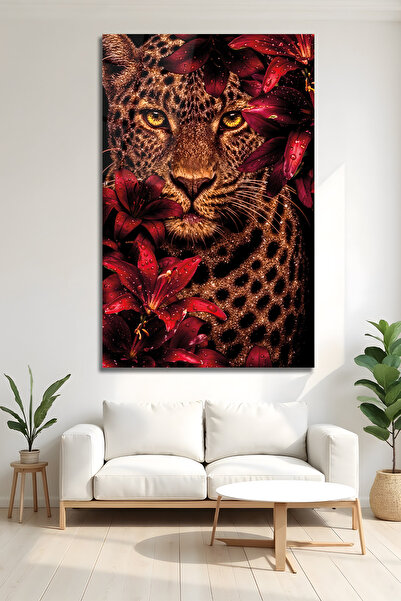 AltmışAltı Leopar Kırmızı Zambak Çiçekli Egzotik Duvar Sanatı Lüks Temperli C...