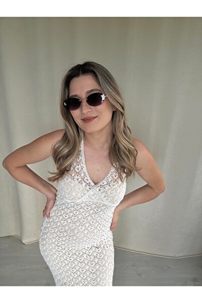 AlisBoutique Yakadan Bağlamalı Ajurlu Bikini Üstü File Elbise