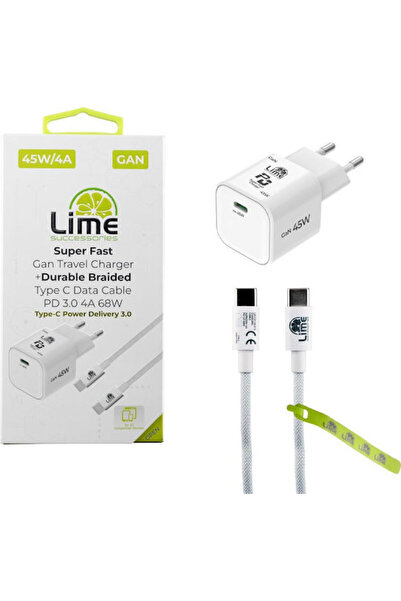 Lime&co Φορτιστής Lime GaN με Θύρα USB-C και Καλώδιο USB-C σε USB-C, 45W Powe...
