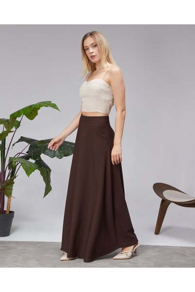 Modabenna Brown Dabıl Thick Crepe Fabric Long Skirt with Belt
