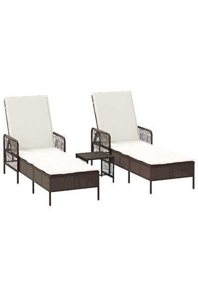 vidaxl Șezlong 3 pcs Maro și Alb Crema 200 x 55 x 92 cm poliratan