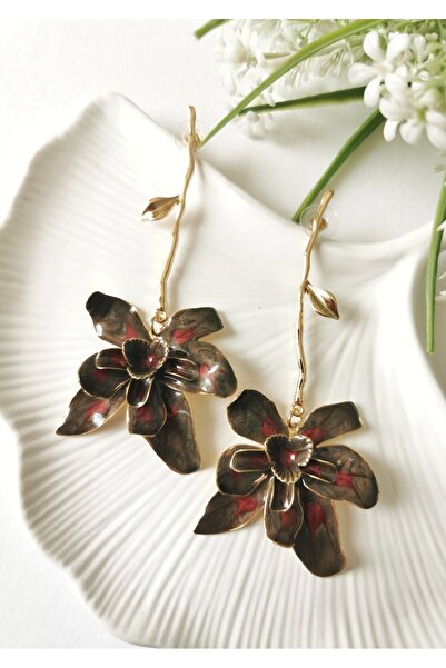 Halley Concept Bronze burgundy orchid mine coated steel dangle earrings 9.5x4 cm
