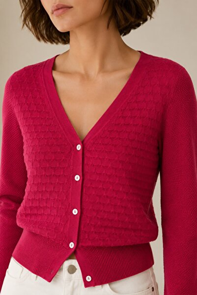 Ferraro Dark Fuchsia V-Neck 100% Organic Cotton Buttoned Women's Knitwear Cardigan