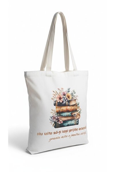 OEM Geantă Tote Canvas cu Fermoar – Design Floral & Cărți – Mesaj Motivaționa...