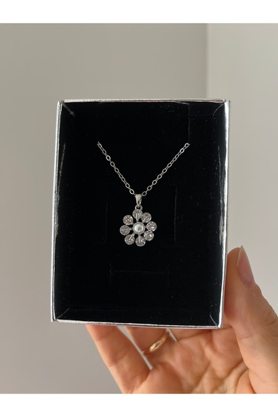Rose and Light Silver Pearl Daisy Necklace - Sparkling Flower Model Women's N...