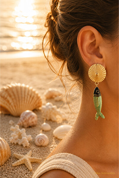 utkuergin Gold Steel Earrings with Fish Figure