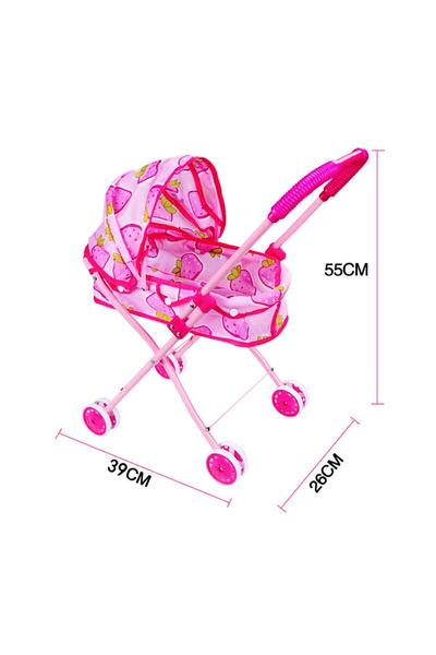 PlayFun Foldable Doll Stroller "Strawberry Design" – Pink Pram with Printed a...