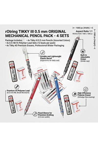 HYVESTO Pachet 4 Seturi Creioane Mecanice Rotring Tikky III Original, 0.5 mm,...