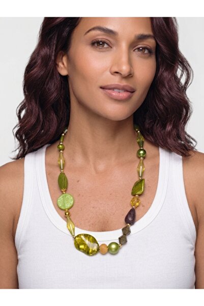 COCOSH TAKI Special Design Necklace with Green Stones and Gold and Brown Details