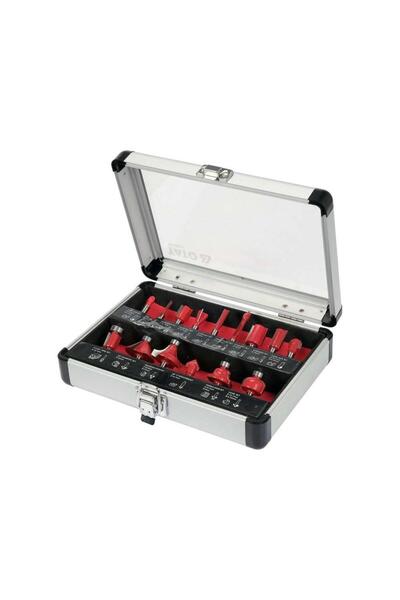 yato YT-68007 15-Piece Wood Router Bit Set, 6mm, Silver/Red