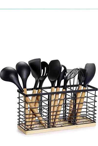 Arabest Kitchen Utensil Holder,Large Black Metal Wire with Wooden Base,Three ...