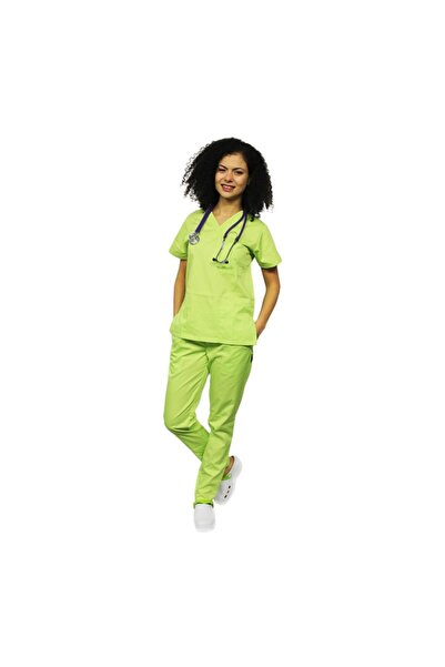 RUNI Lime medical suit with V-neck blouse and lime Stretchy pants