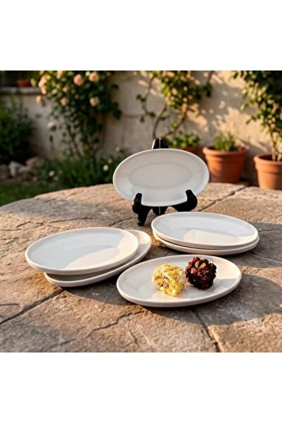 Yıldızan Nzr Beautestore Set of 6 Porcelain Small Oval Plates - Minimalist Wh...