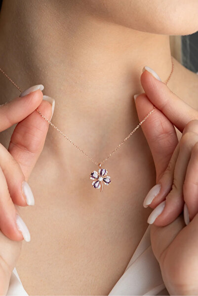 Karem Jewellery Mor Taşlı Dört Yapraklı Şans Yoncası Rose Altın Kaplama Kadın...