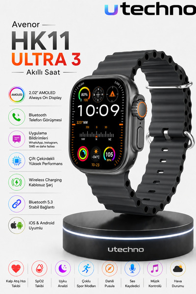 utechno Avenor HK11 Ultra 3 Akıllı Saat | AMOLED Ekran, Bluetooth Arama, Tüm ...