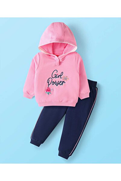 Babyhug Terry Knit Hooded Sweatshirt & Lounge Pants Set With Text Print - Pin...