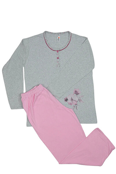 Serena Pijama damă din bumbac mânecă lungă și pantaloni lungi gri cu roz