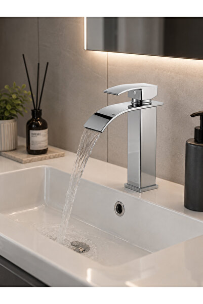 RALKEN Lüx Kare Lavabo Bataryası Krom – Şelale Akışlı Kare Gövde Modern Banyo...