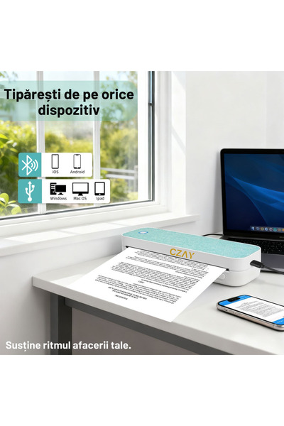 CZAY Imprimanta Termica Portabila A4 CZAY®, Etichete 50–220 mm,HD 304 DPI, Bluetooth,Viteza printare 30 mm/s, Doar cu Hartie Termica, iOS/Android/Windows/MacOS, 2600 mAh, Telefon/ Tableta/ Laptop, Verde