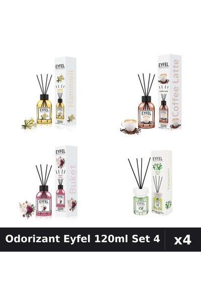 Eyfel Set 4 Odorizante Camera cu Betisoare 120ml - Bouquet, Cafea, Iasomie, M...