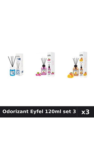 Eyfel Set 3 Odorizante Camera cu Betisoare 120ml - Cool Water, Trandafir, Mango