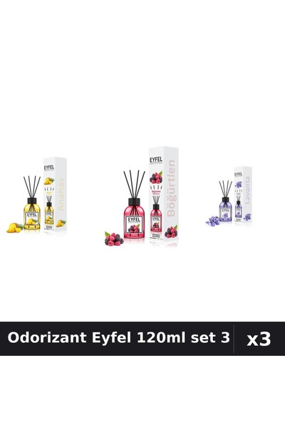 Eyfel Set 3 Odorizant Cameră cu Betișoare 120ml - Ananas, Fructe Pădure, Lavandă