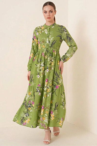 buğrahayalin Women's High Collar Gathered Waist Buttoned Floral Patterned Vis...