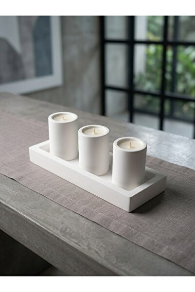 CANSEB Elegance 4lü Dekoratif Tabaklı Beton Mumluk Hediyelik Set ( 3 Adet Tea...