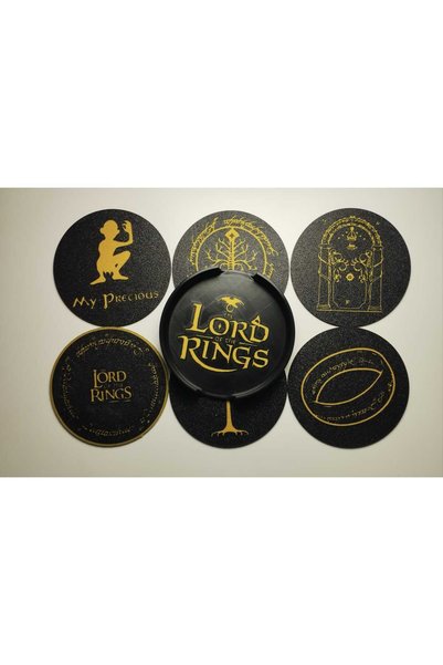 3D Layshop 7-Piece Fantastic Cinema Coaster Set with Stands - Legendary Ring-Themed Black Gold Mug Coasters
