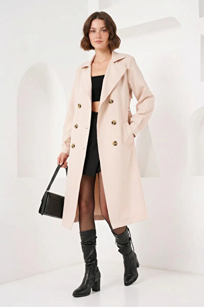 buğrahayalin Women's Double-Breasted Collared Belted Beige Trench Coat