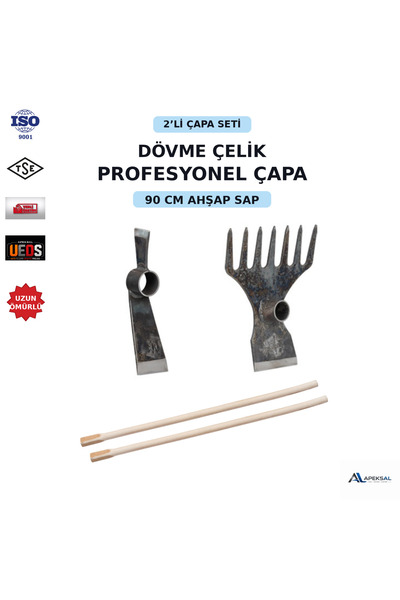 Apeksal Dövme Çelik 2’li Çapa Seti – 90 cm Ahşap Saplı Baltalı Kök ve Tırmıkl...