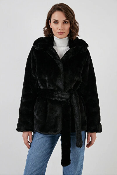 buğrahayalin Women's Wide Collar Belted Fur Black Coat