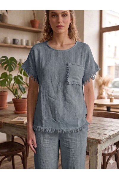 AYASOFYA OTANTIK Women's Gray Round Neck Textured 100% Cotton Blouse with Tas...