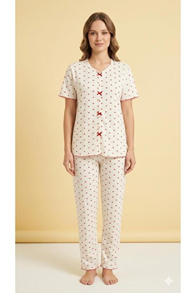 LXL Summer Ecru Red Heart Patterned Short Sleeve Combed Cotton 100% Cotton Pa...