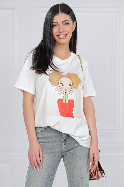 ROHBOUTIQUE Tricou casual cu motiv de fată, Crem, Aimelia BR2855