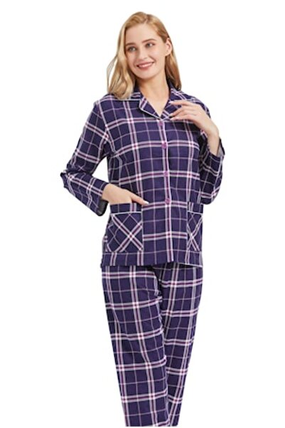 Global Set de pijamale pentru femei, flanelă, bumbac, în carouri MOV, Mărimea...