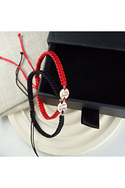 BLACK SWAN Bijoux Set cuplu bratari cu snur si banut Aur 'Her King'/ 'His Queen'