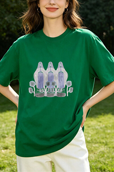 Fleck Womens T Shirts Abstract Bottle Design Oversized Casual Style Green Col...