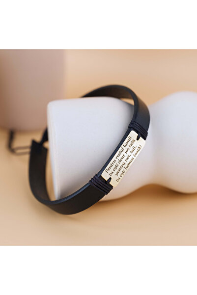 BLACK SWAN Bijoux Bratara piele naturala barbati si placuta din Aur 14K - Mes...
