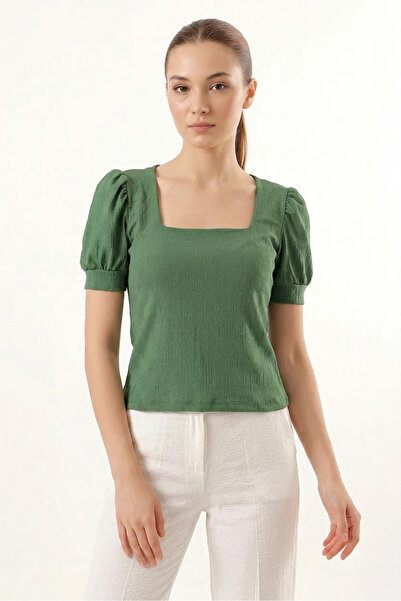 buğrahayalin Women's Square Neck Short Sleeve Elastic Waist Emerald Green Blouse